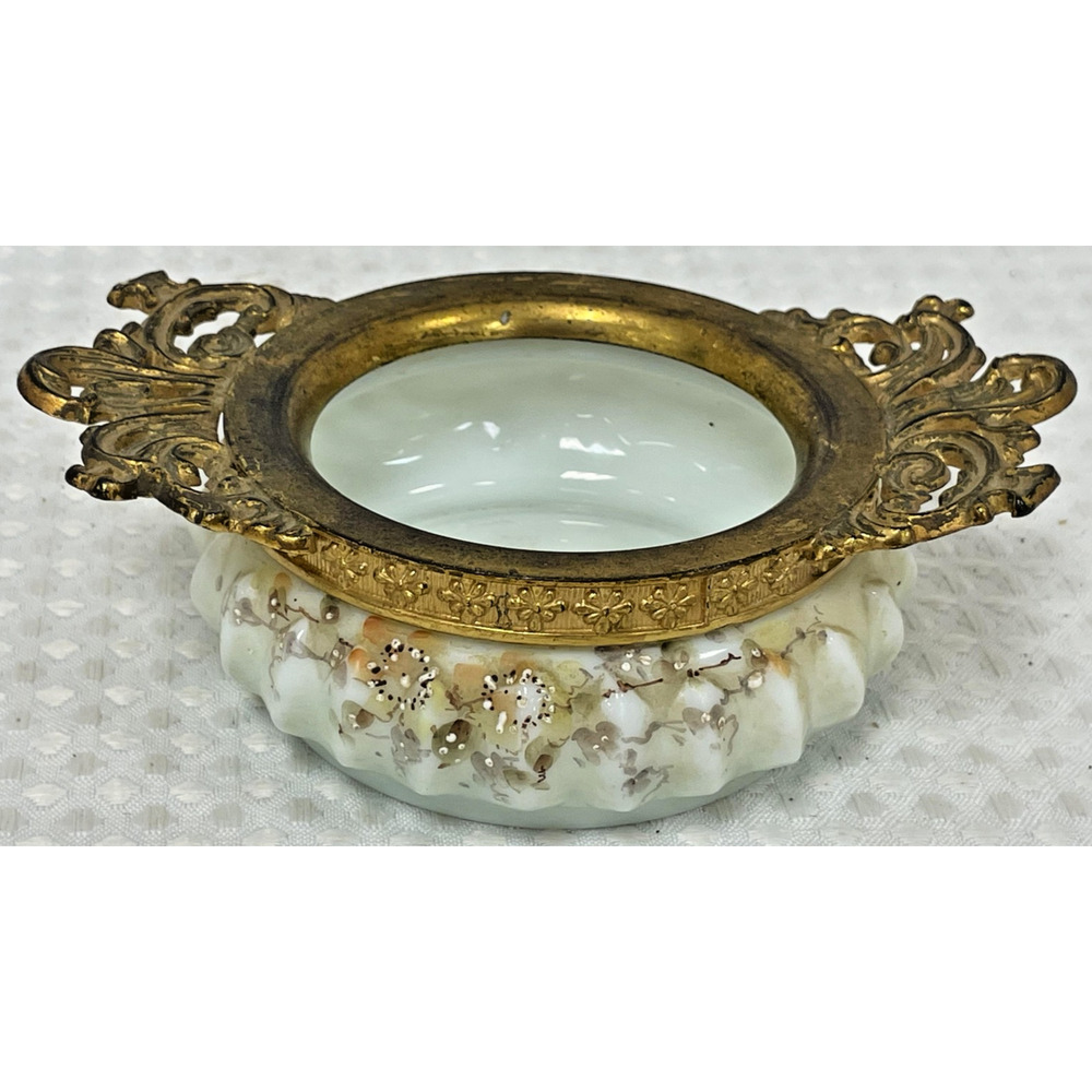 Antique Wave Crest Helmschied Swirl Opal Glass Pin Tray Trinket Dish Ormolu